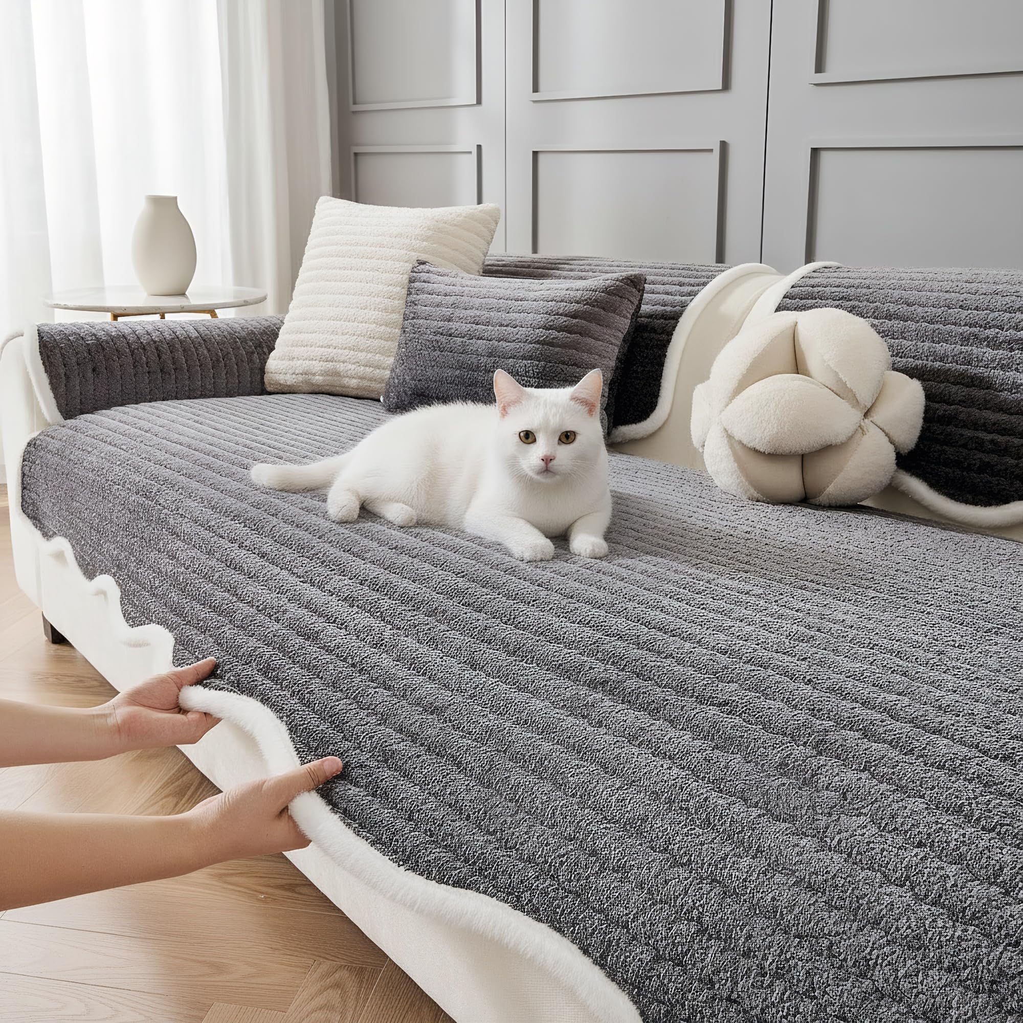 LiveGo Milk Velvet Sofa Cover - Washable Pet-Friendly Couch Cover, Non-Slip Fuzzy Sofa Protector for 2/3/4 Seater, Soft Dog-Resistant Furniture Cover for Living Room (Dark Gray A, 90 * 210cm)