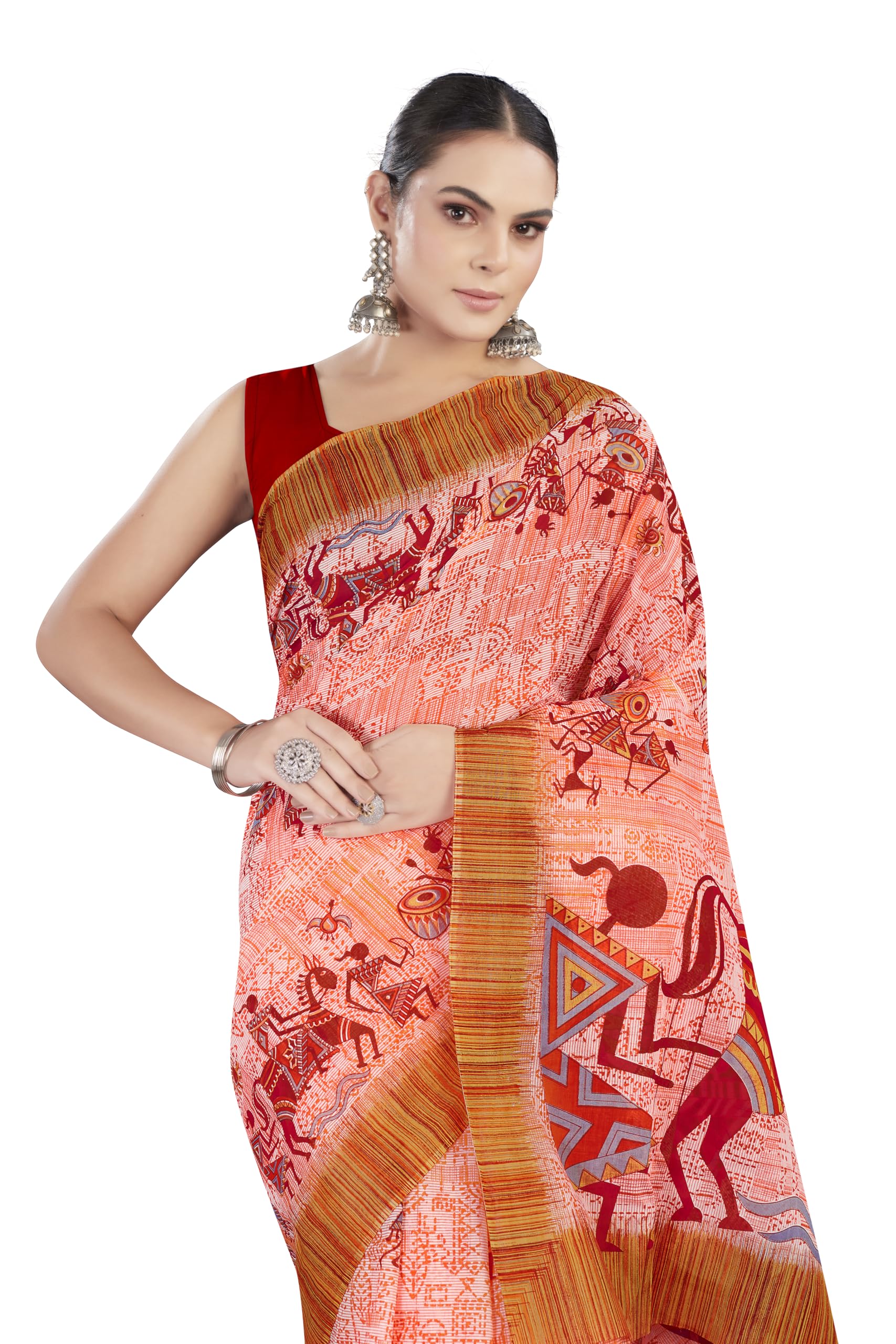 Tamaira Fashion Women's Warli Printed Pure Cotton Mulmul Saree Without Blouse Piece(Ab38_Orange)