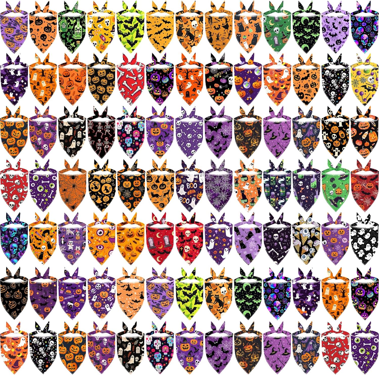 XPUDAC 100 Pieces Halloween Dog Bandanas, Dog Bandanas Bulk Bib Washable Adjustable Hankerchief for Small Medium Dogs Holiday Halloween Pet Costume Accessories