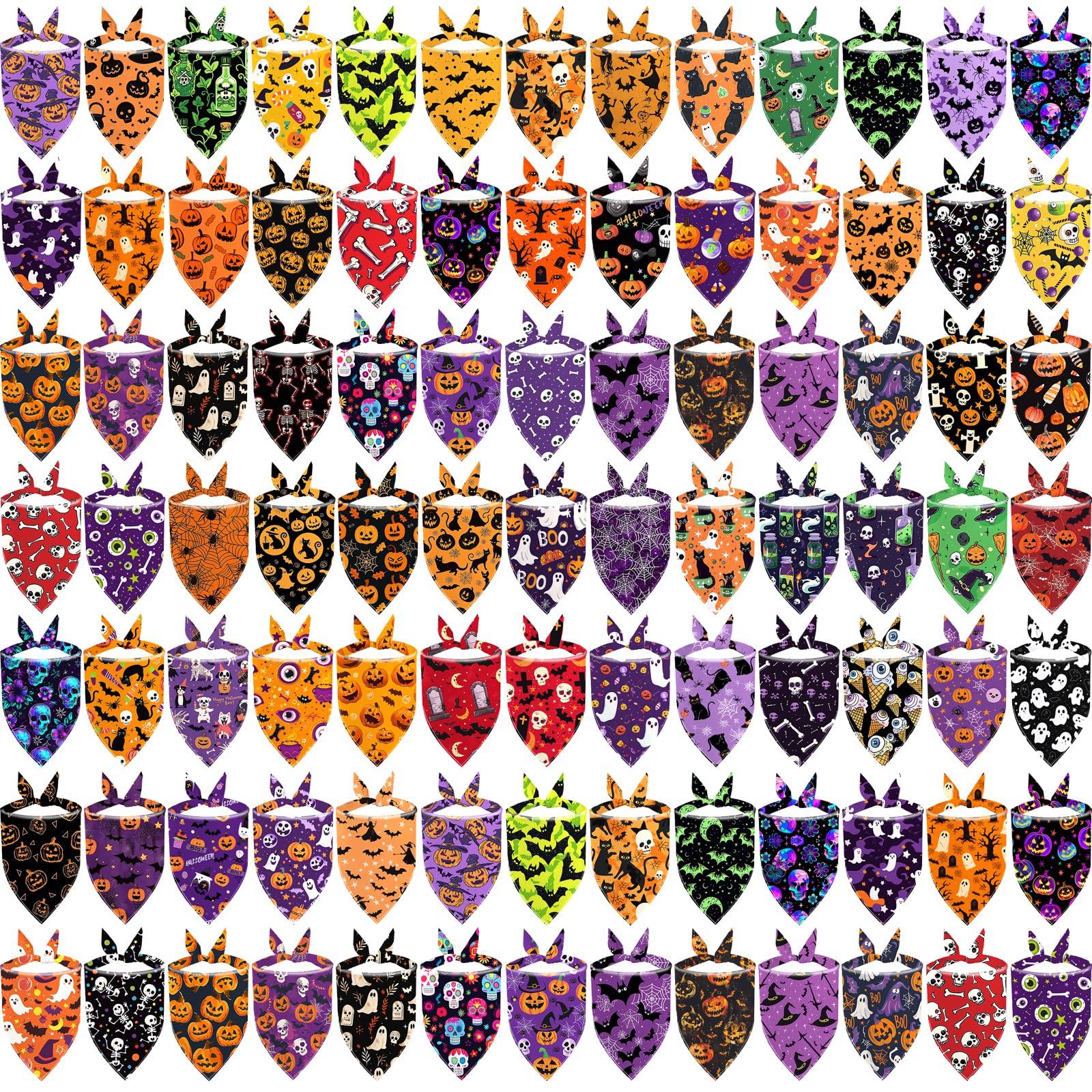 XPUDAC 100 Pieces Halloween Dog Bandanas, Dog Bandanas Bulk Bib Washable Adjustable Hankerchief for Small Medium Dogs Holiday Halloween Pet Costume