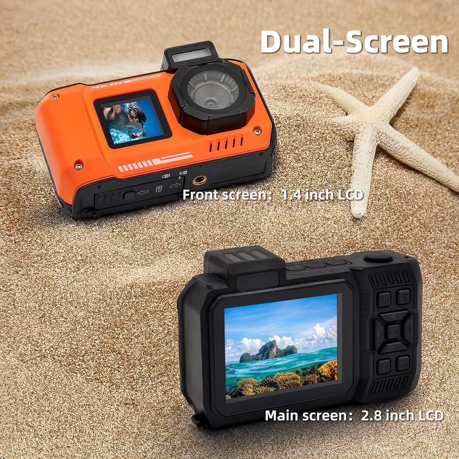 Sheawasy SH-D50 camera showing its 1.4 inch front screen and 2.8 inch main screen