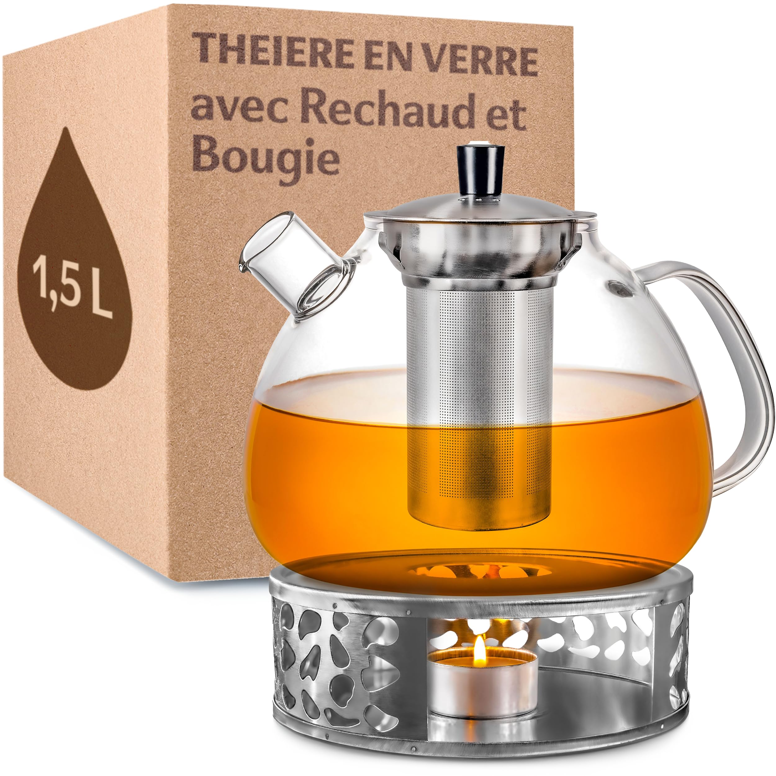 Cosumy Theiere Verre Avec Filtre - Grande 1,5l - Avec Rechaud et Bougie - Lavable au Lave-vaisselle - Résistant à la Chaleur
