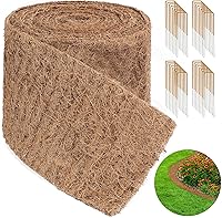 Vista 1 de Rollo de mantillo natural para paisajismo de 240 x 6.3 pulgadas, tapete de fibra de coco con 32 estacas de acero en forma de U, rollo de mantillo