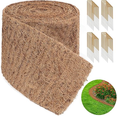 Rollo de mantillo natural para paisajismo de 240 x 6.3 pulgadas, tapete de fibra de coco con 32 estacas de acero en forma de U, rollo de mantillo