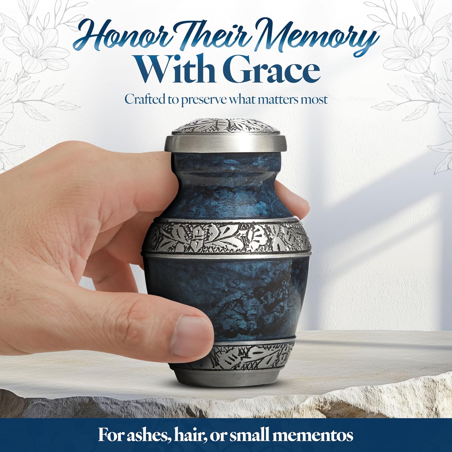 Keepsake Urn for Ashes 3" - Elegant Mini Urn for Human Ashes, Hand Engraved Aluminum Memorial Ash Container - Marbled Blue