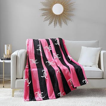 Juicy Couture Cabana Plush Hot Pink Striped 50X70 Fuzzy Throw Blanket - Luxurious Microfiber Plush Blanket for Ultimate Comfort and Cozy Warmth