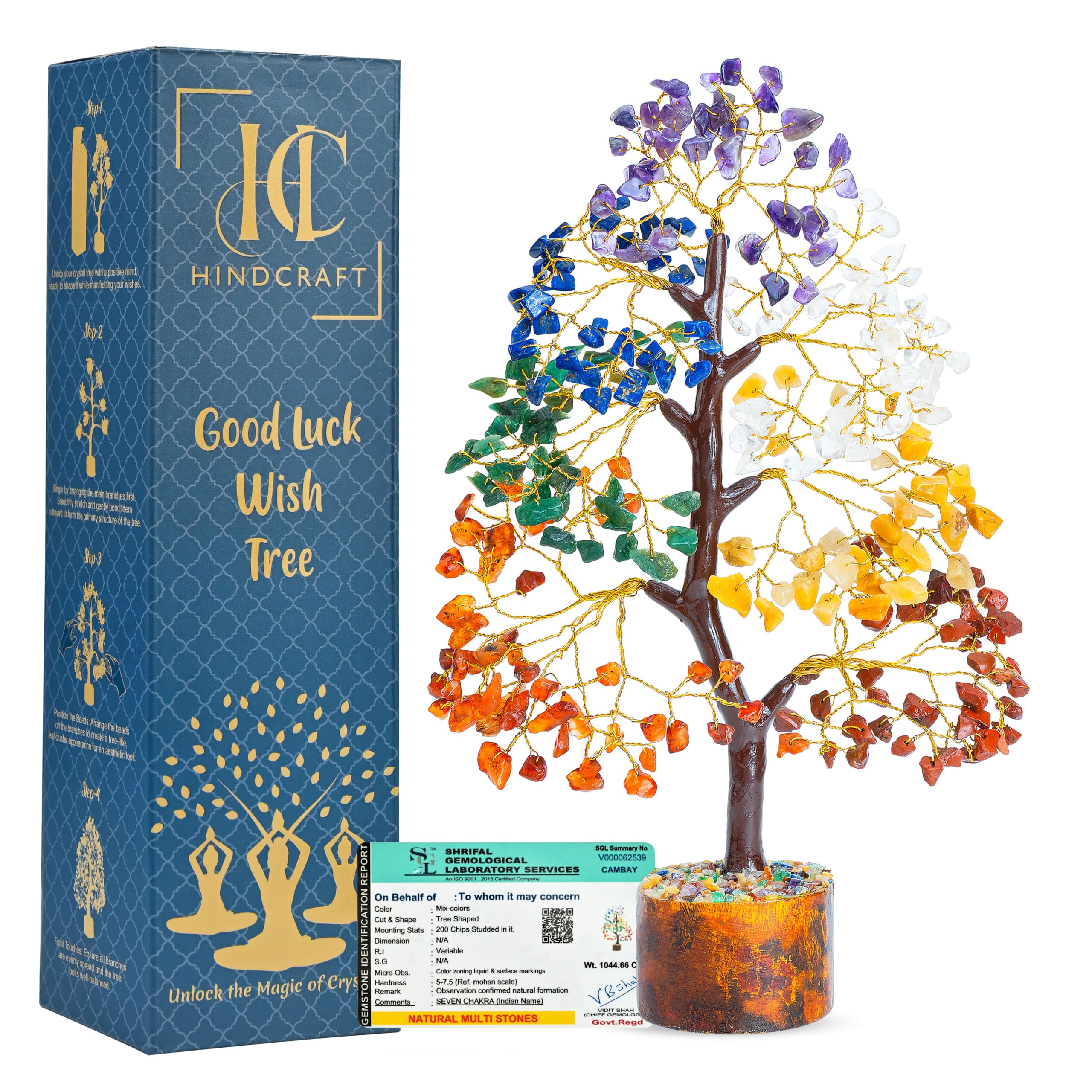 HindCraft Natural Healing Seven Chakra Gemstone Crystal Tree for Home Decor Bonsai Showpiece Decorative Items for Good Luck, Decoration Gift Item, Multicolor Golden Wire, 8-10 Inches 200 Beads