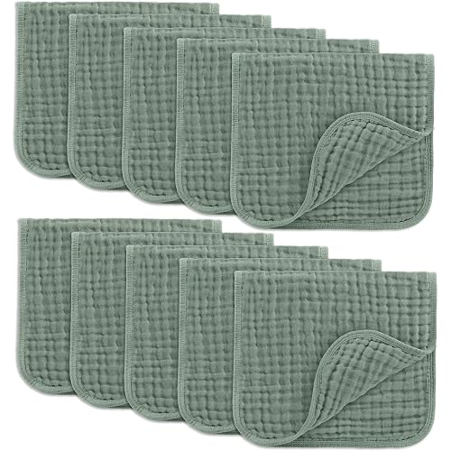 Comfy Cubs Muslin Burp Cloths 20" x 10", Pack of 10 - Large, 6-Layer, Ultra Absorbent 100% Cotton for Baby Drool and Messes - Soft, Safe & Gentle Baby Burp Cloths for Boys & Girls - Fern