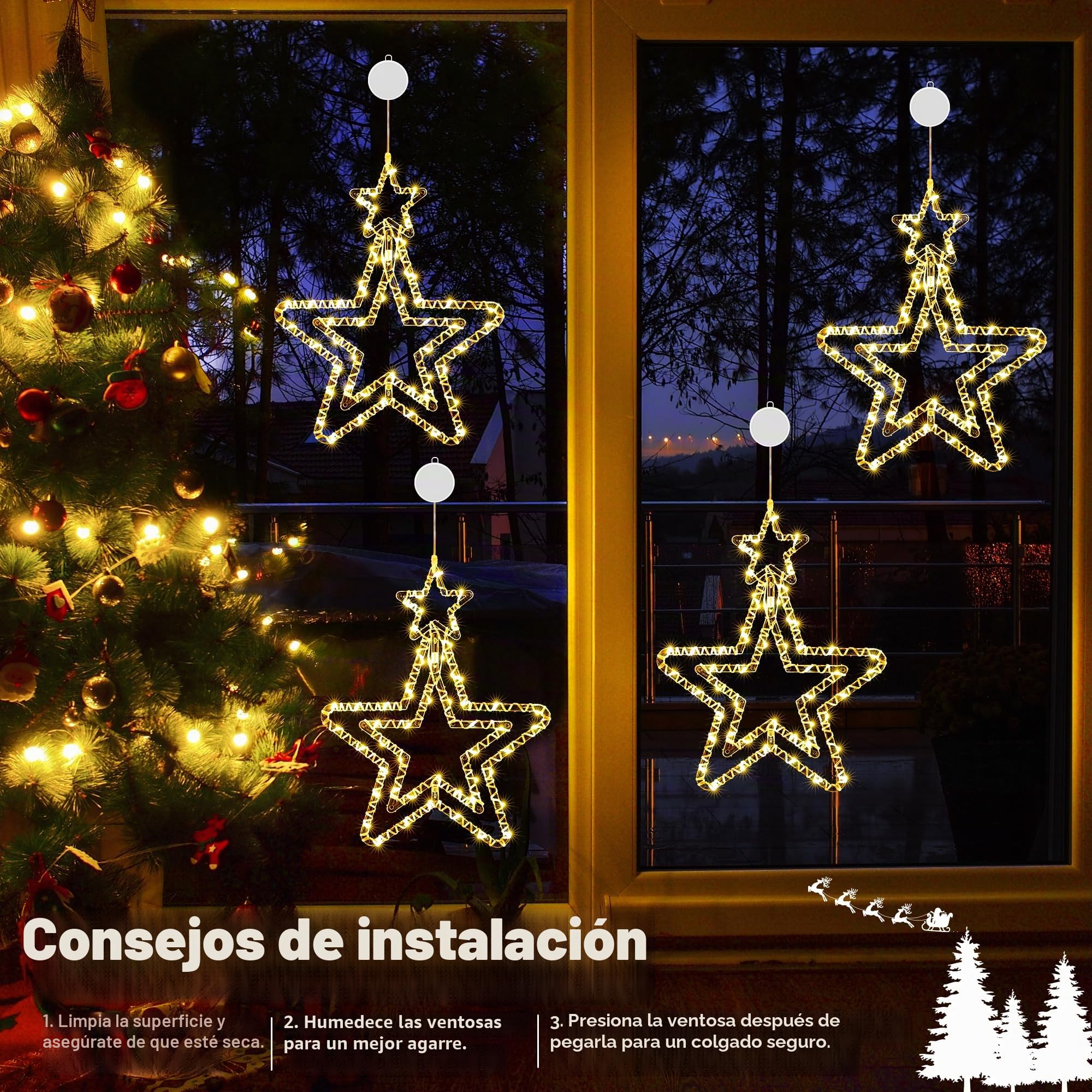 BrizLabs Luces Navideñas de Estrella LED, 4 Piezas Luces de Hadas de Estrellas de Ventana Interior Giratorio Luz de Navidad Batería Decoración para Halloween Exterior Balcón Fiesta, Blanco Cálido