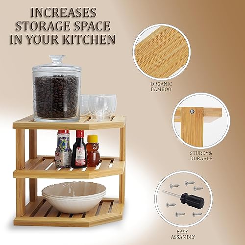 Miniatura 6 de Estante esquinero de bambú, organizador de encimera de 3 niveles, estante de almacenamiento de cocina para armarios y platos