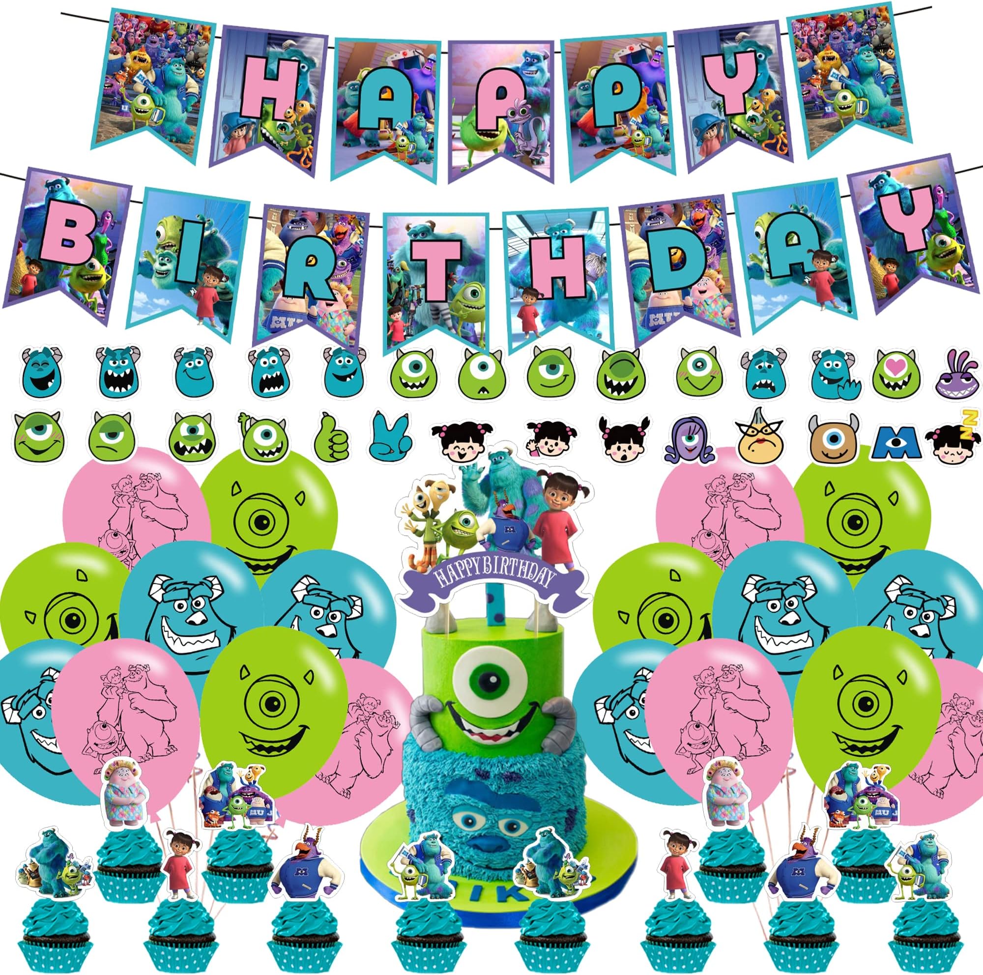 Monster-Inc Party Decorations,Birthday Party Supplies For Monsters University Party Supplies Includes Banner - Cake Topper - 12 Cupcake Toppers - 18 Balloons - 50 Monster-Inc Stickers