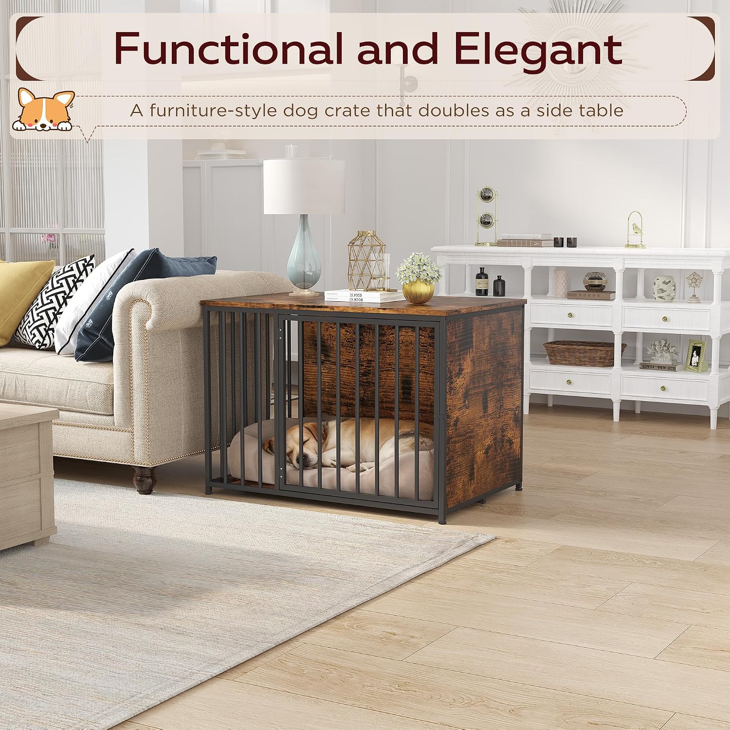 Dog Crate Furniture for Medium Dogs, 36 Inch Steel & Wooden Decorative Indoor Kennel, Pet Cage End Table for Home, Escape-Proof & Chew-Proof, Brown