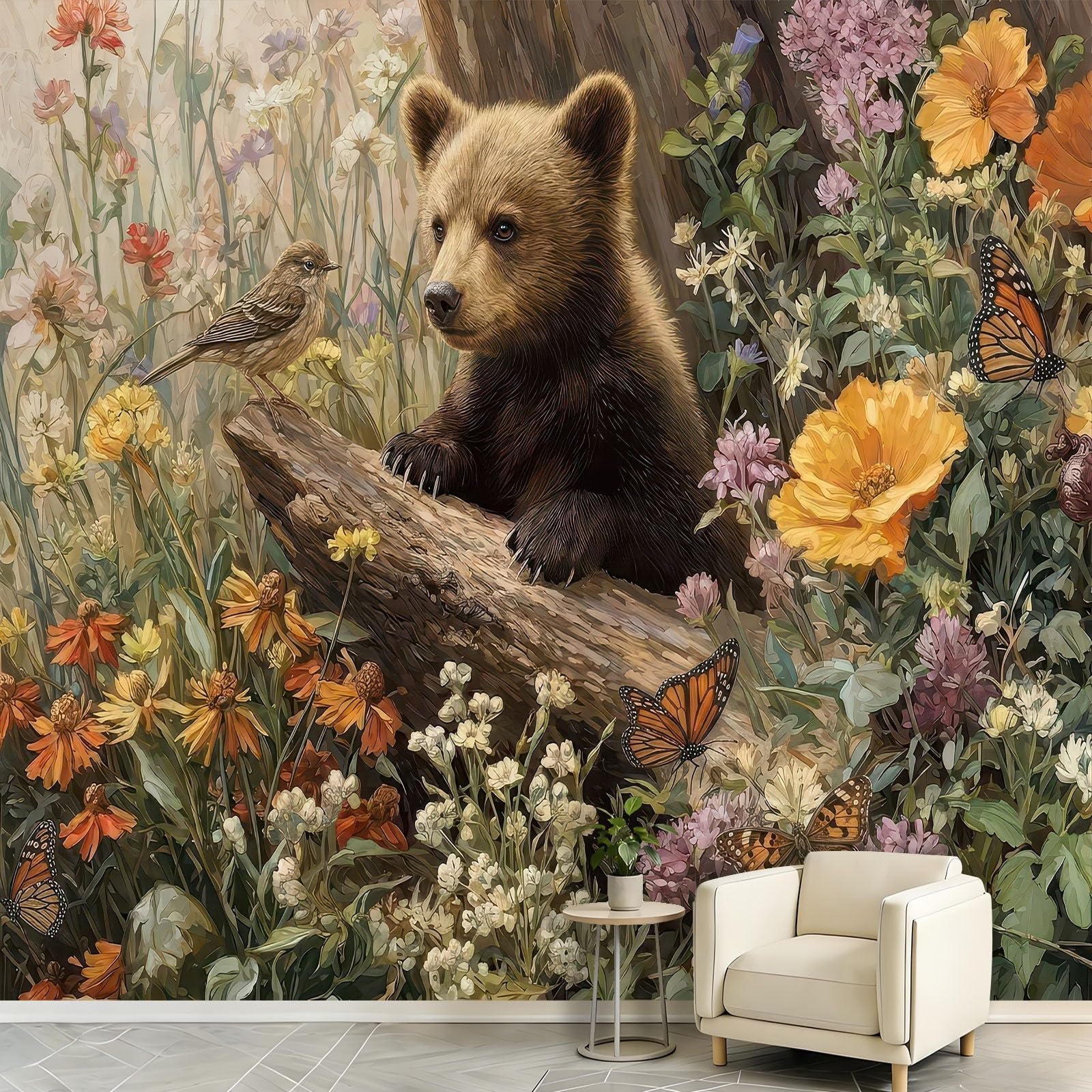 Générique Panoramiczna tapeta, kwiat zwierzęcy niedźwiedź 250 x 175 cm plakat 3D ogromny mural - naturalny las tapeta do salonu, pokoju dziecięcego dla dorosłych i gabinetu dekoracja restauracji