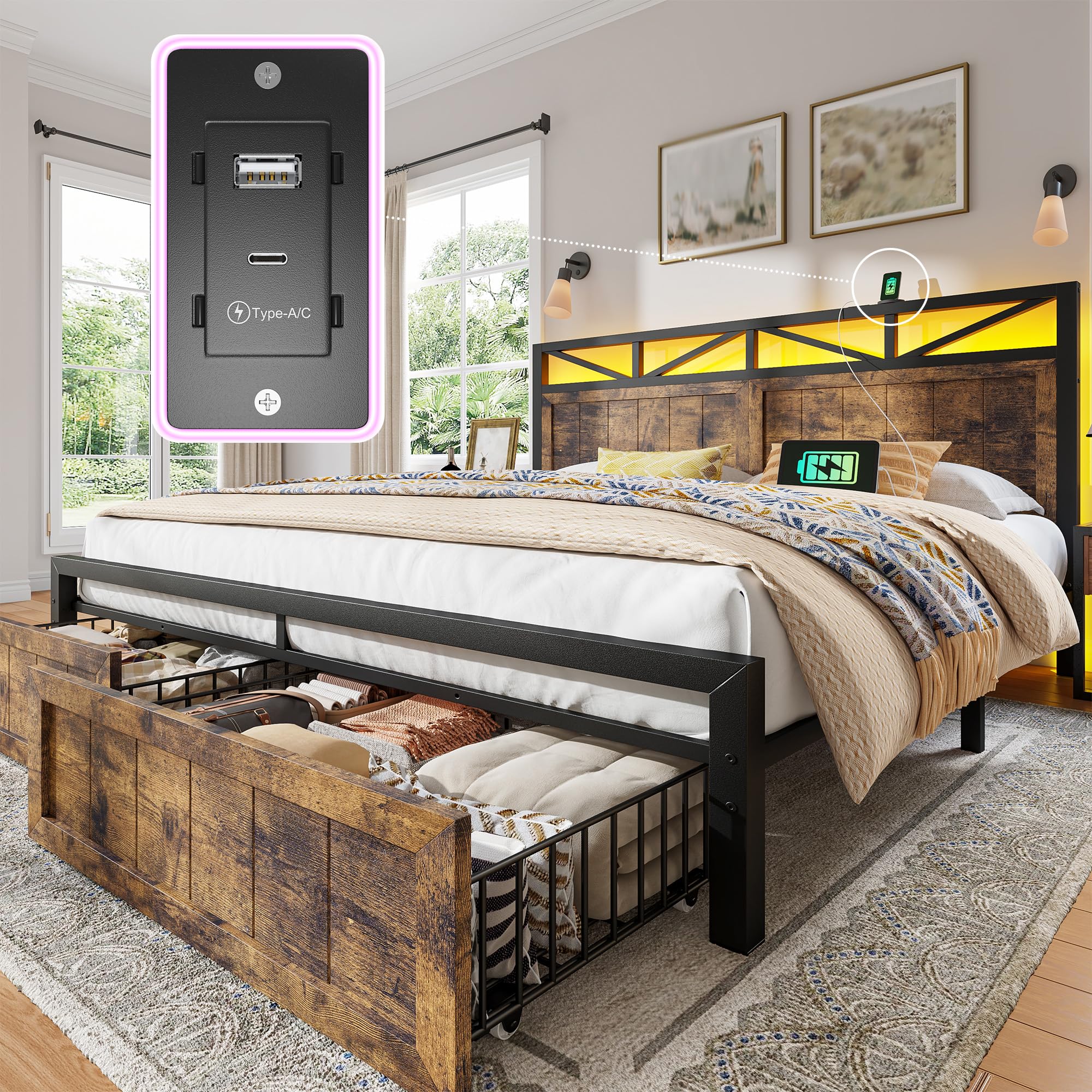 EnHomee King Size Bed Frame with Headboard, 2 Large Drawers Platform Bed with LED Lights and Built-in Charging Station, No Box Spring Needed,