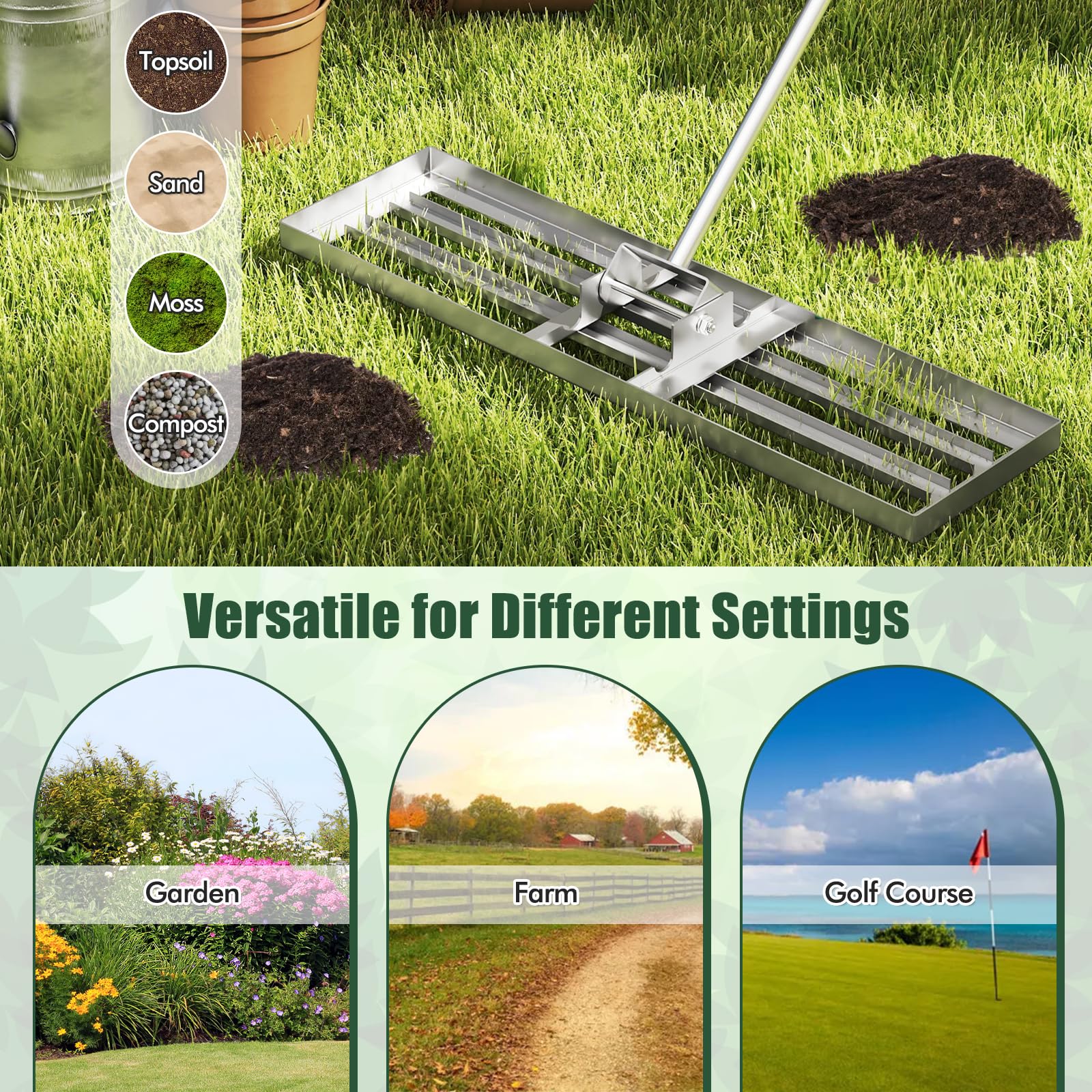 FANTASK Rasen-Nivellierrechen, Rasenrechen Flächenebner Rasenwerkzeug mit ergonomischem Griff, Rasenrakel Metall von Sand Boden, Rechen für Garten, Golf & Hinterhof (Silber, 91 cm x 25 cm)