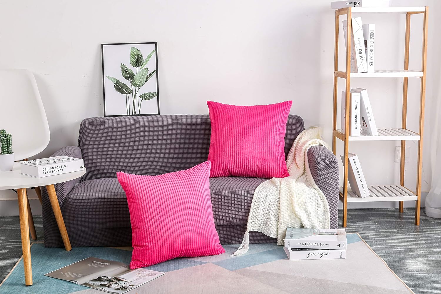 TangDepot, Set of 2 Solid Velvet Striped Corduroy Decorative Throw Pillow Covers, Square Pillow Covers - (22"x22" 2 Pieces, A75 Hot Pink)