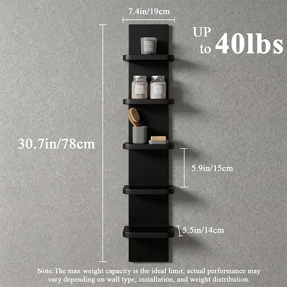 5 Tier Wall Shelf Unit, Black Vertical Floating Shelf