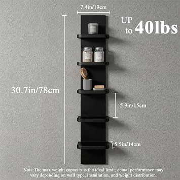 5 Tier Wall Shelf Unit, Black Vertical Floating Shelf