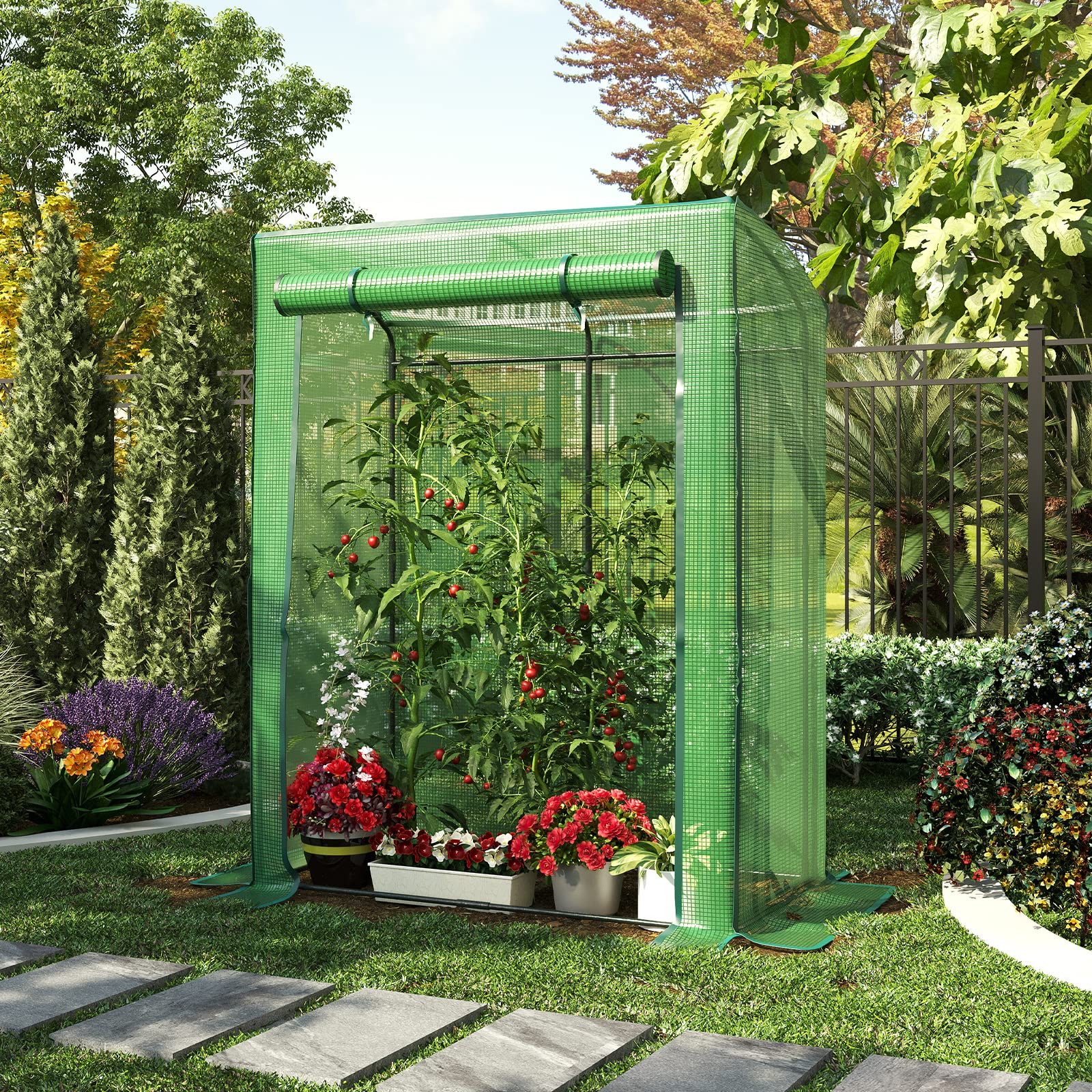 LARMNEE Serre de Jardin, Mini-Serre, Protection pour Tomates, Tente Abri Maraîchère, Toit Arrondi pour Écoulement d’Eau, Porte Zippée Enroulable, Bâche en PE, Vert EGN71GH02