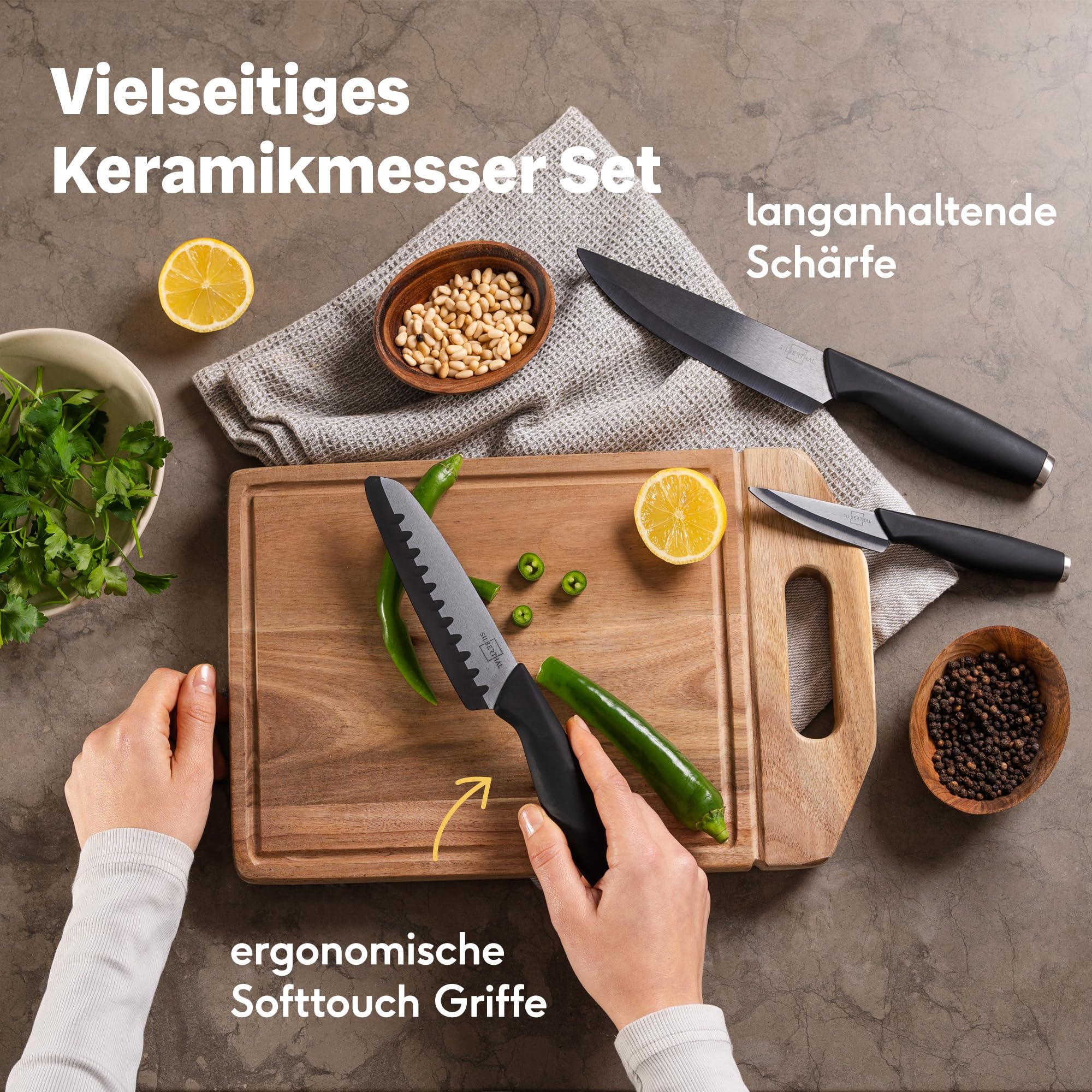SILBERTHAL Zestaw noży ceramicznych 3 szt. – ostre noże szefa kuchni 15 cm, nóż Santoku 13 cm, nóż do obierania 7,5 cm