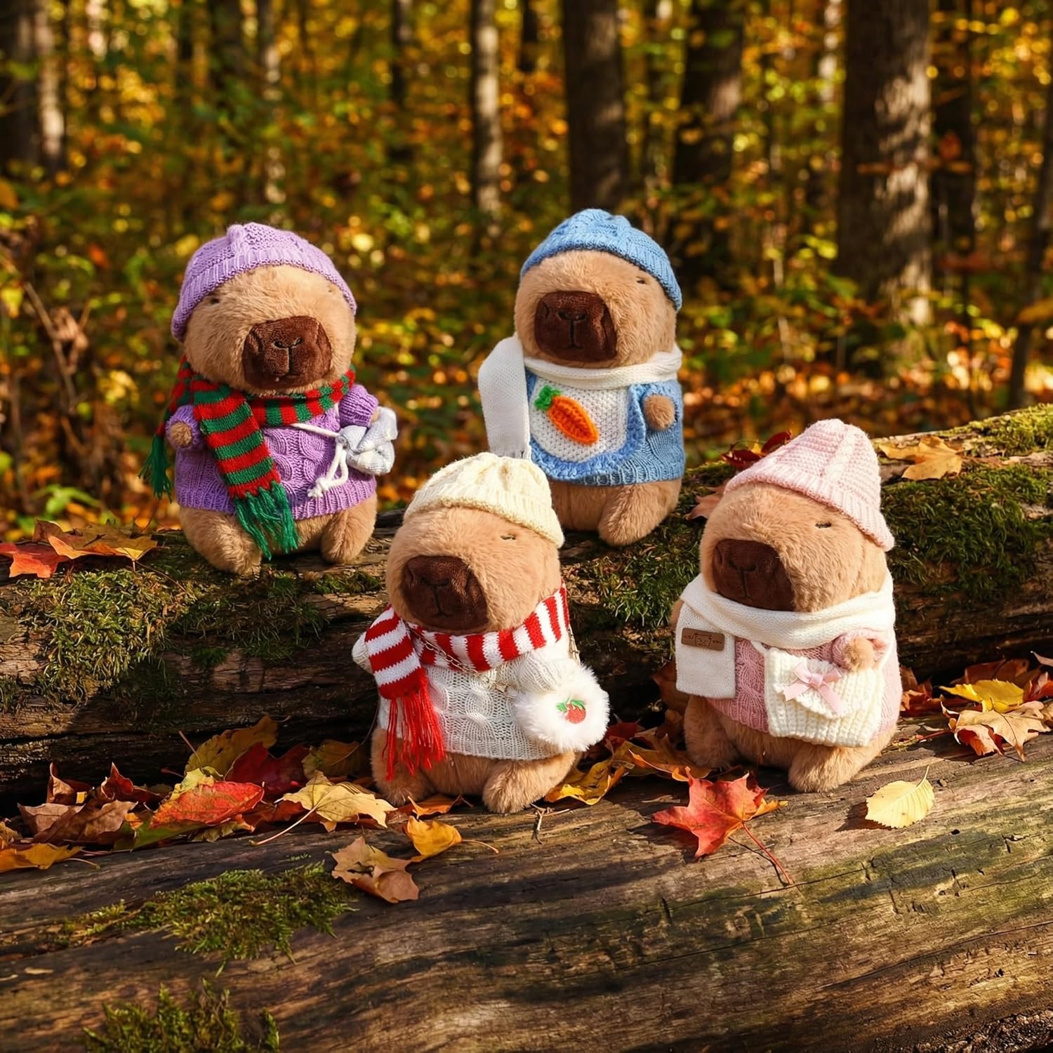 Jenaai 11 Inch Capybara Plush with 16 Pcs Clothes & Accessories Cute Capybara Stuffed Animal Plush Dress up Kawaii Outfits with Hat Sweater Bag Scarf Birthday Gift, 4 Style