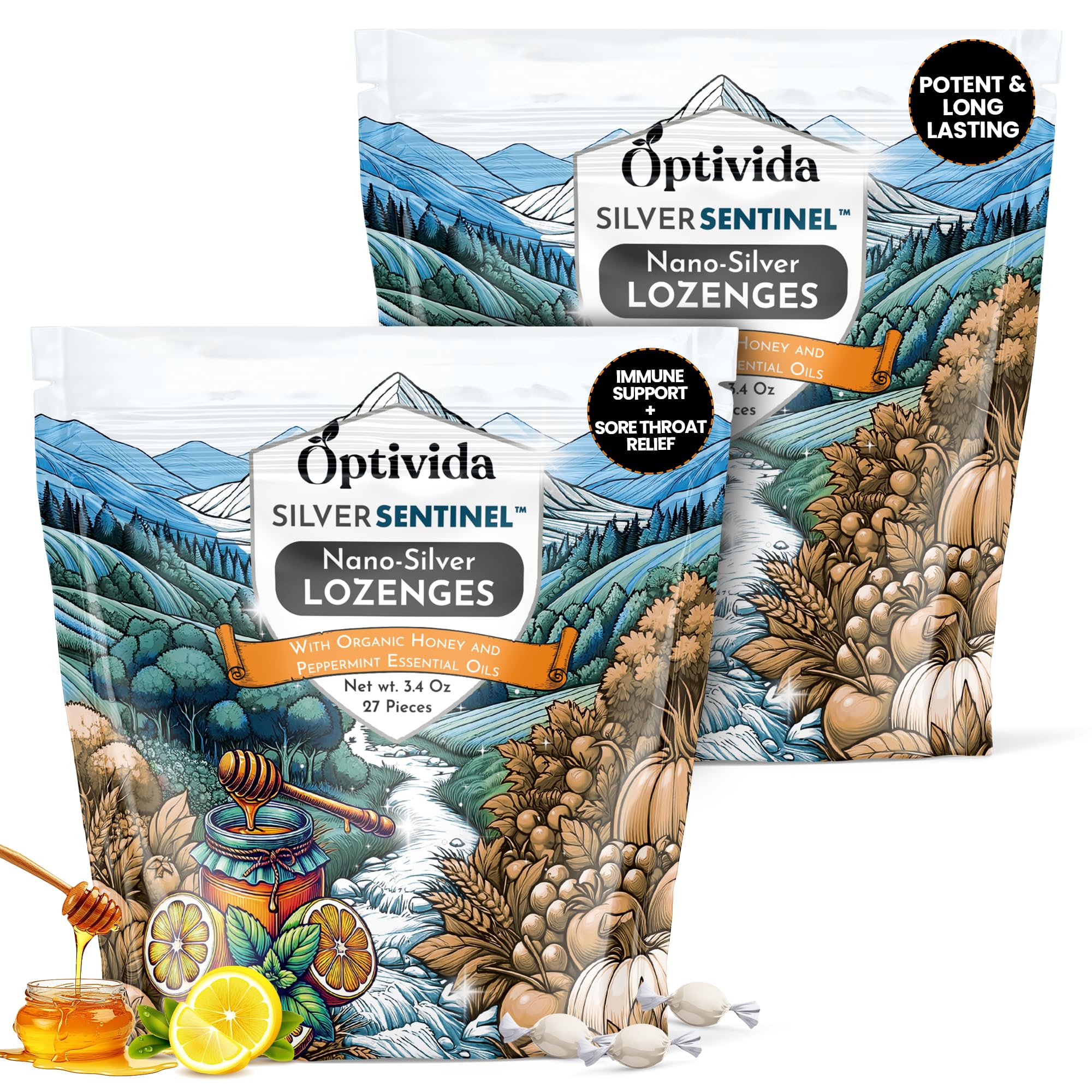 Optivida Health Colloidal Silver Lozenges with Honey & Lemon Oil (2 Pack) - Soothing Sore Throat Lozenges for Adults with Cough Relief & Fast-Acting Nano Silver Formula for Immune Support, 60 Ppm