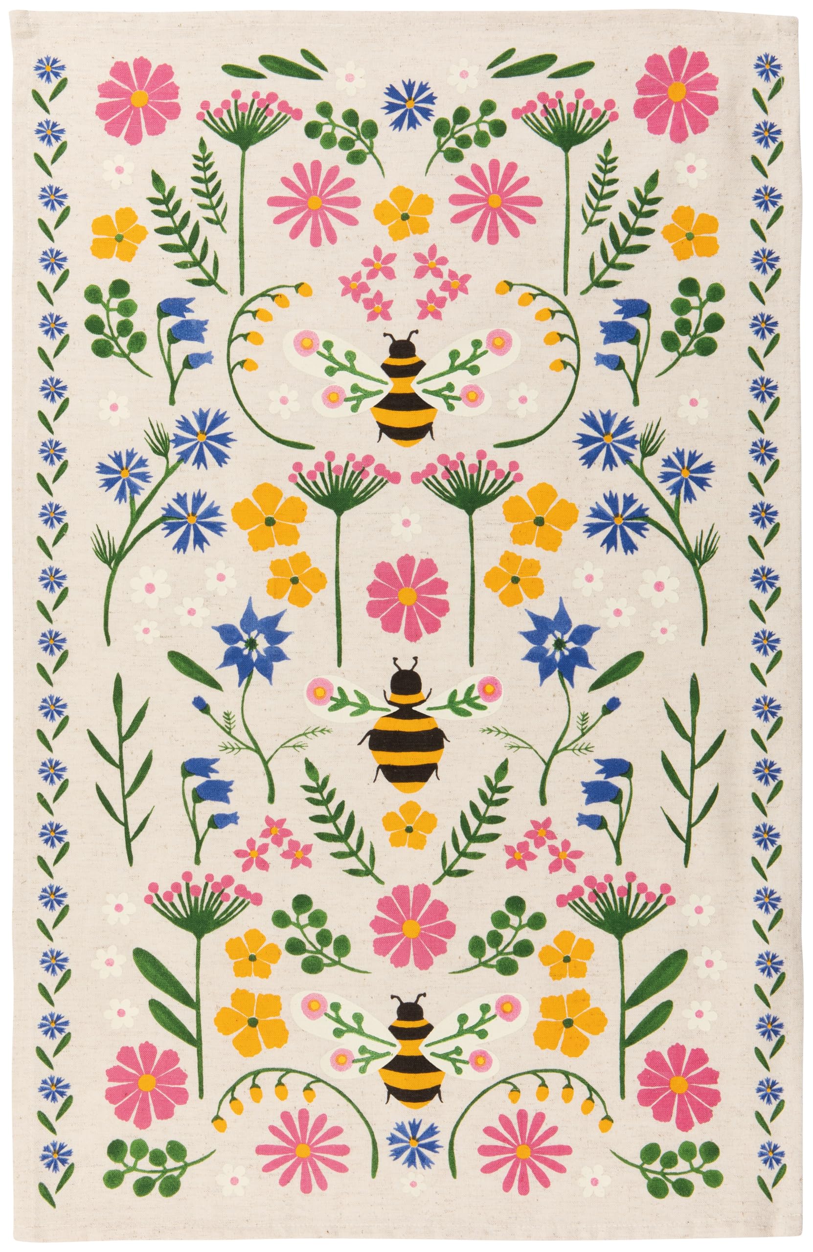 Now Designs Bee Garden Dishtowel, 18x28in, Cotton-Linen Blend, Folk Art-Inspired Kitchen Towel with Bees and Wildflowers