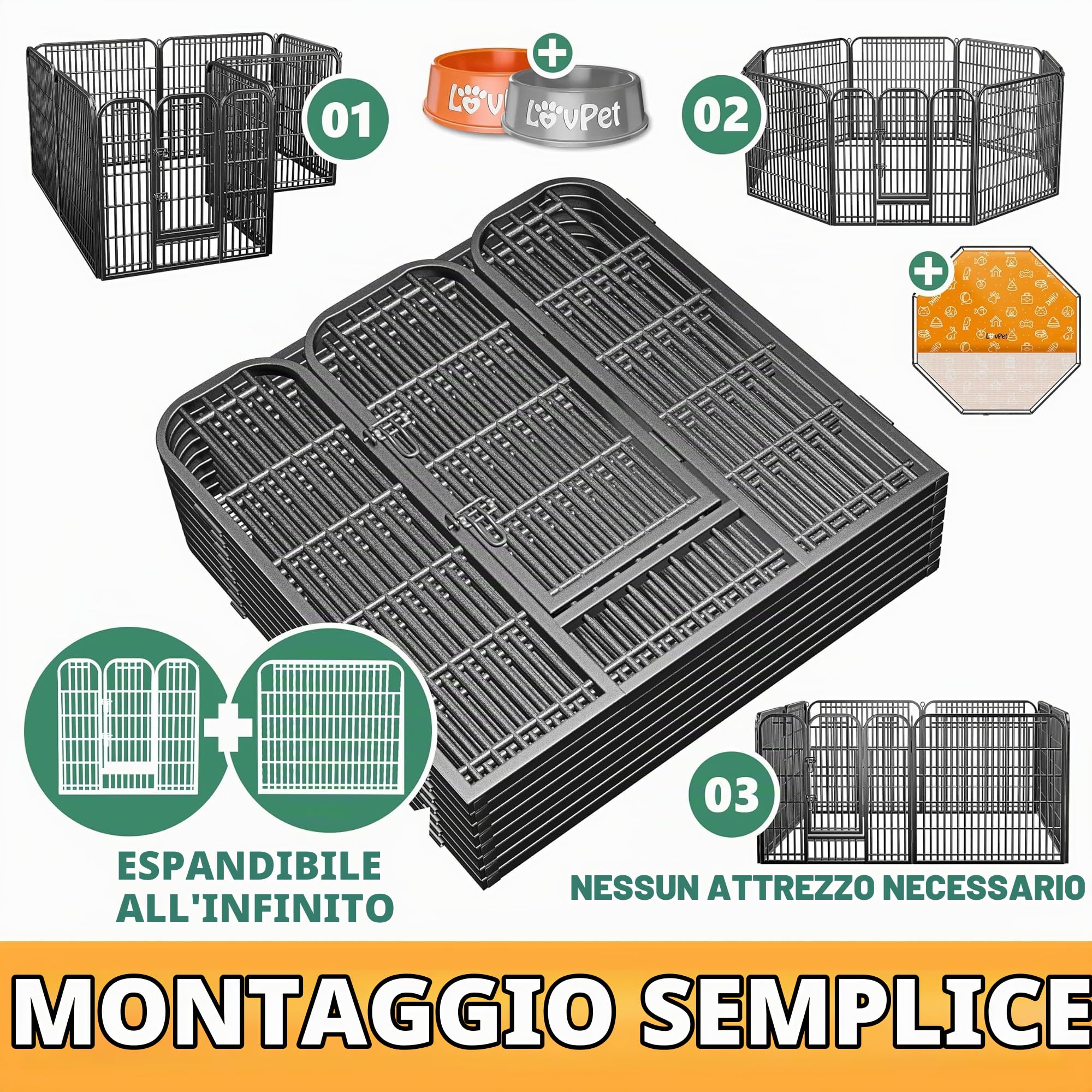 LovPet Recinzione per cuccioli, gabbia per cani XXL, 8 griglie da 80 x 80 cm, resistente alle intemperie, con porta per cani, gatti, cuccioli, conigli, porcellini d'India, con tetto e ancore