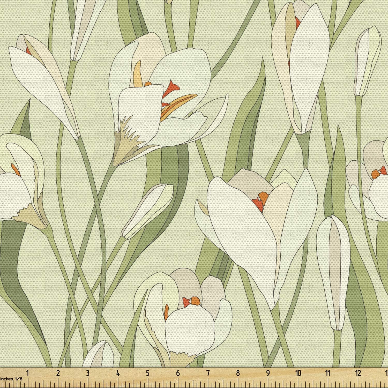 Ambesonne Garden Art Fabric by The Yard, Spring Flowers Bouquet Crocuses with Blossoming Petals Botanical, Decorative Fabric for Upholstery and Home Accents, 3 Yards, Pale Green Orange Cream