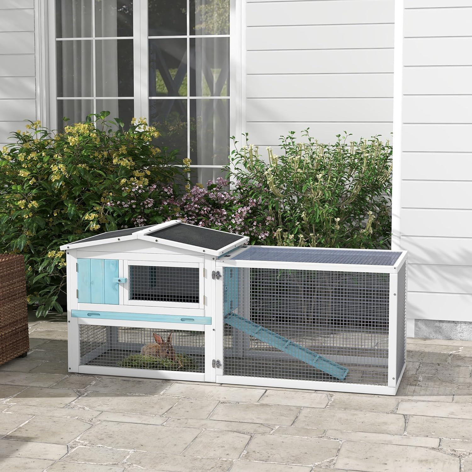 Natural Wood and Wire Outdoor Rabbit Hutch with Run