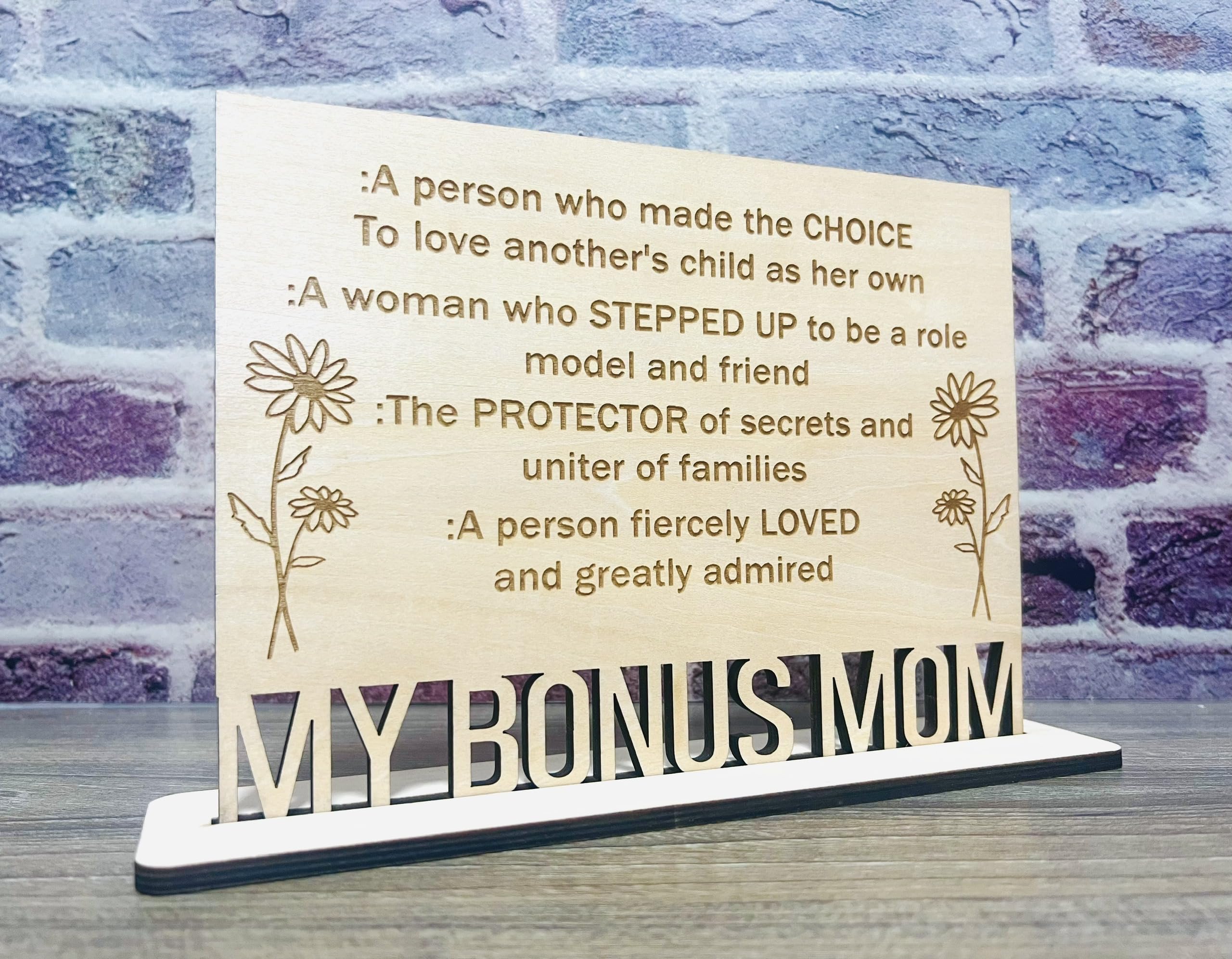 Bonus Mom Definition Engraved Wooden Standing Sign Plaque Gifts, Stepmom Adoptive Mom Bonus Mom Definition Gift for Mothers Day Birthday Christmas