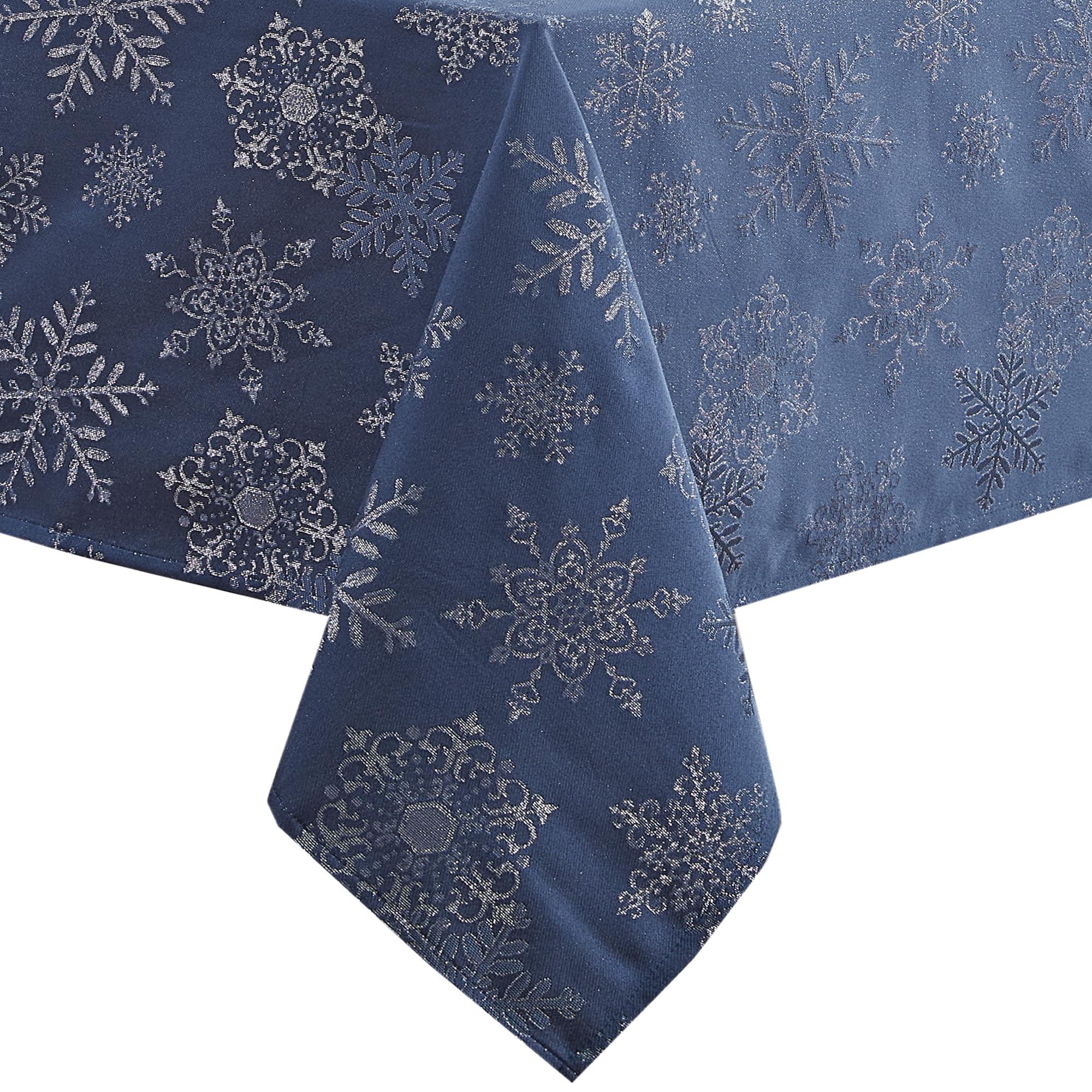Newbridge Fancy Metallic Snowflake Christmas Fabric Tablecloth, 60 x 120 Inch Rectangle, Navy Silver, No-Iron Soil Resistant Sparkling Snowflakes Woven Holiday Table Cover