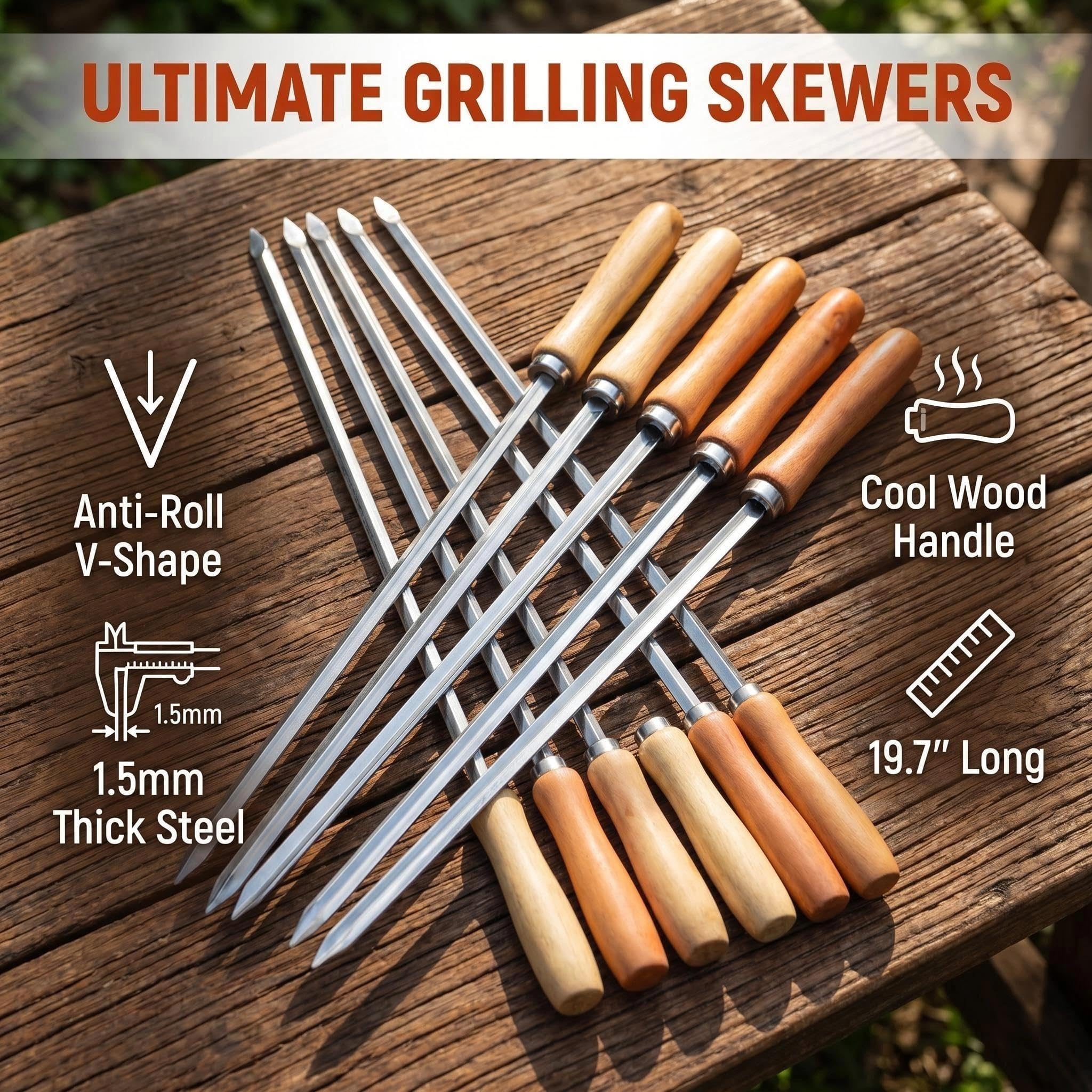 IMEEA Spiedini Adana, 50 cm, riutilizzabili, in acciaio inox, per barbecue, spiedini con manico in legno (6 pezzi)