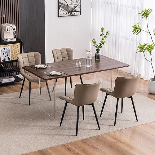Miniatura 4 de YOUTASTE Juego de 2 sillas de comedor color caqui, cómodas sillas de cocina tapizadas de piel sintética con patas de metal negro, diseño moderno de