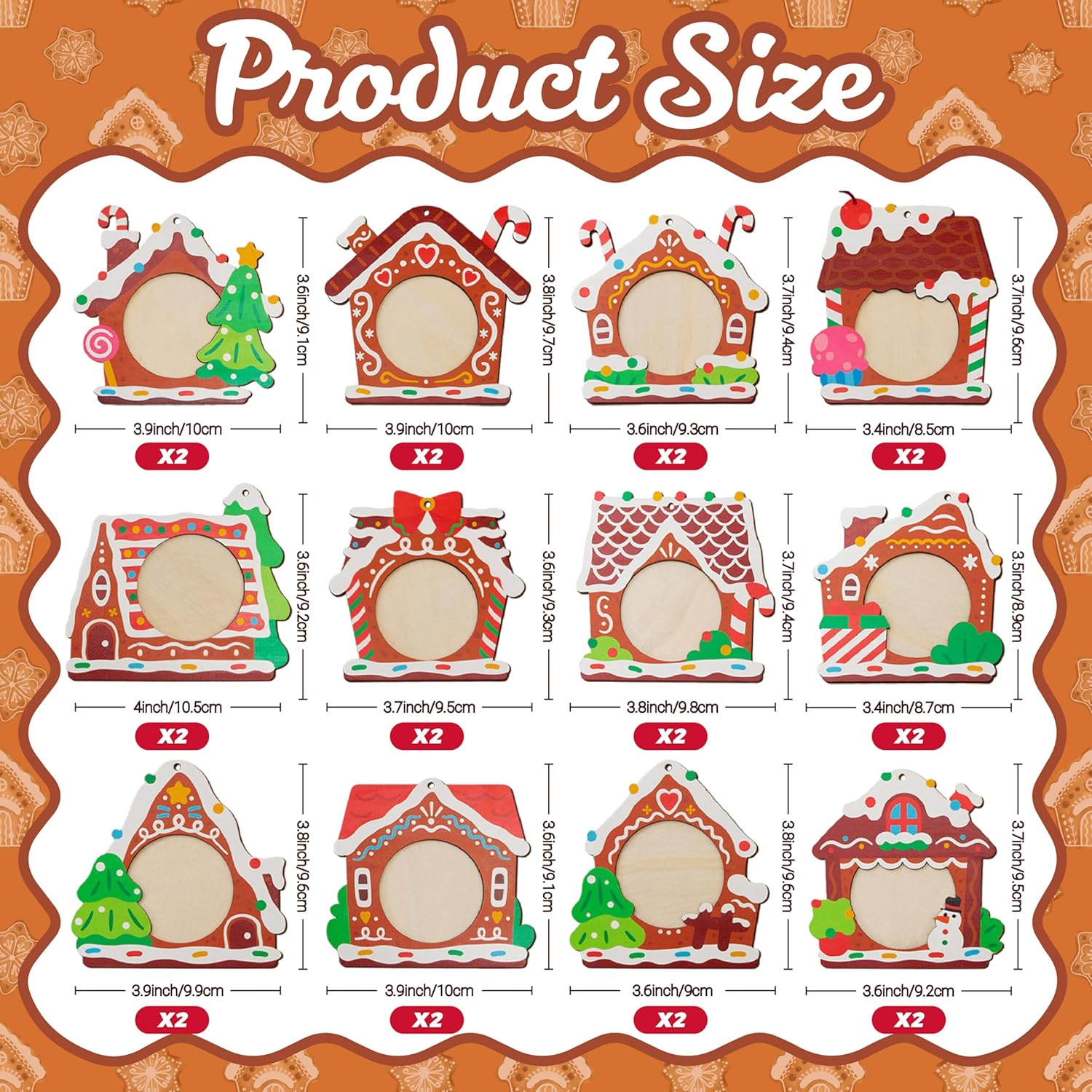 24PCS Christmas Picture Frame Ornaments, 12 Styles Wooden Gingerbread House Photo Frame Ornaments with Strings, Printed Hanging Ornaments for Christmas Tree, Party Decor