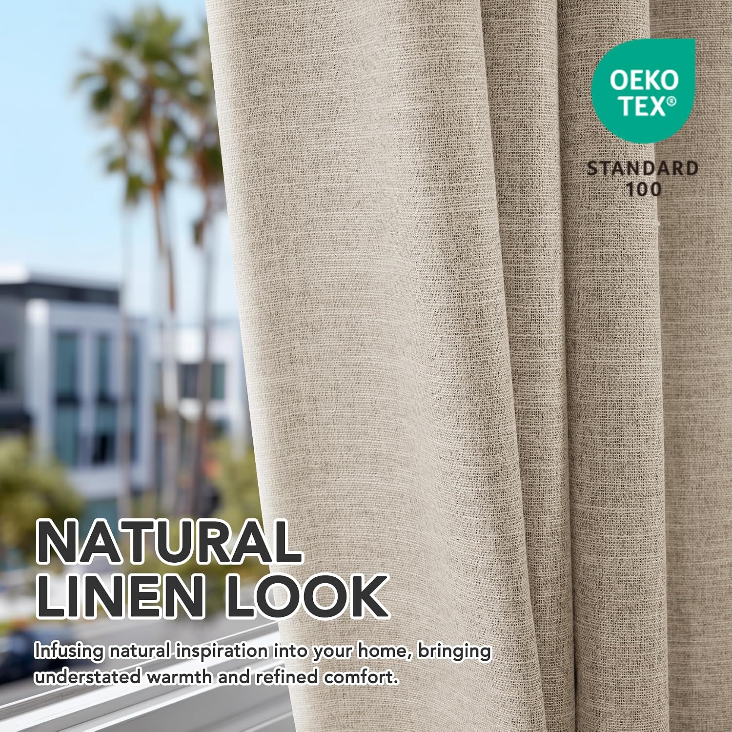 Deconovo Faux Linen 100% Blackout Curtains with Hidden Tabs & Pleat Tape, Tiebacks Included, Thermal Insulated Noise-Reducing Drapes for Bedroom & Living Room, Dark Beige, 50W x 63L, 2 Panels