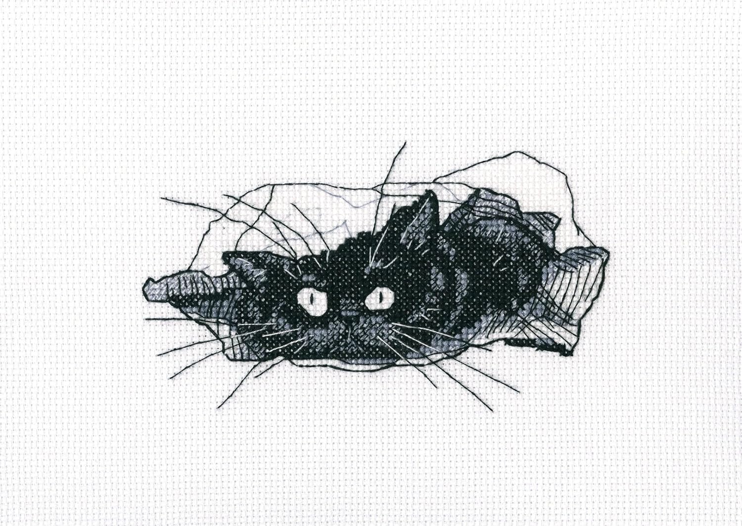Wizardi Counted Cross Stitch Kit "Fuzzy Observer" M710 – Kitten with Blue Eyes, 14ct White Zweigart Aida DMC 28 Colors Floss, Needle, Chart, 7.09x7.09" Kit for Adult RTO