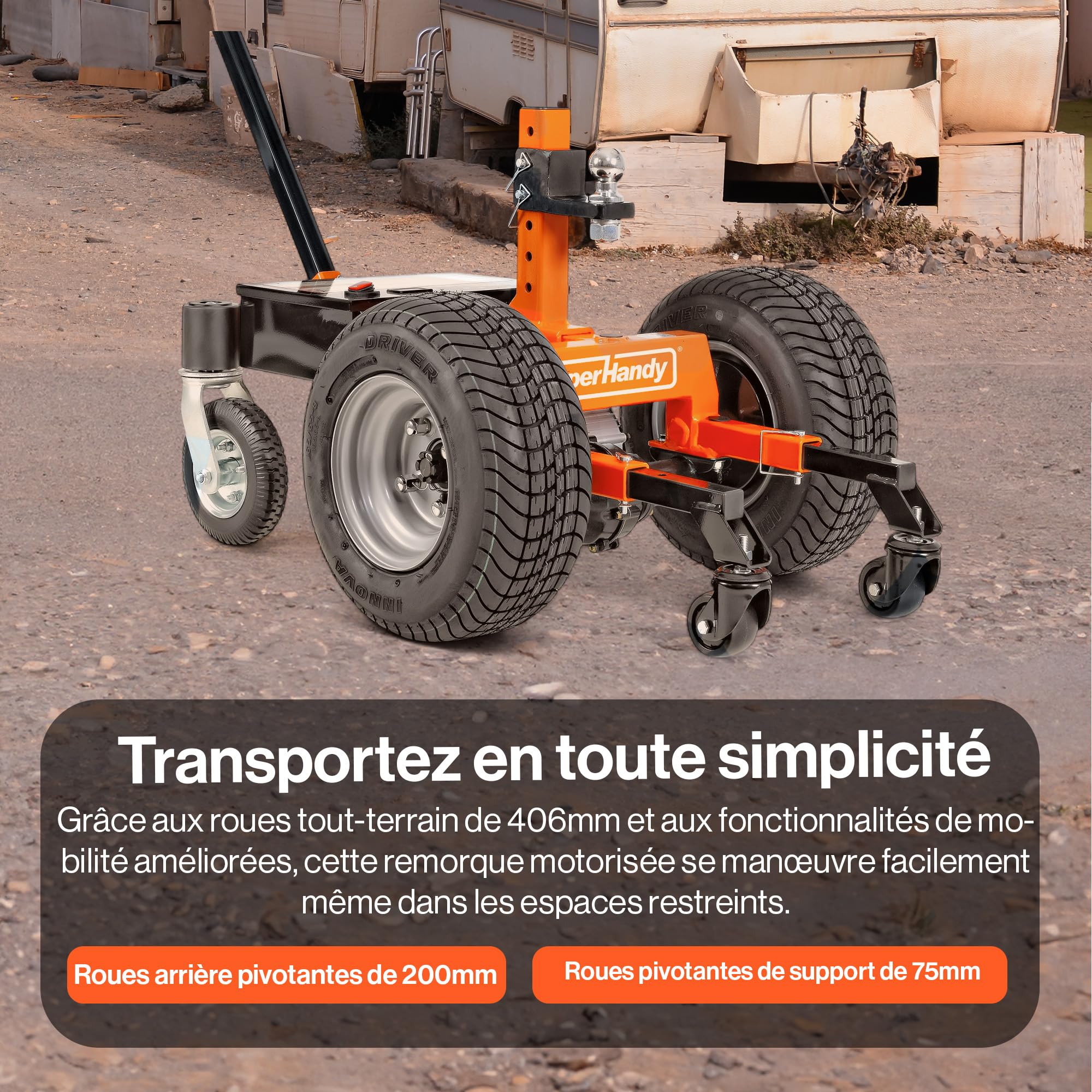 SuperHandy Chariot de remorque électrique, 3 400 kg, Moteur 800 W | Charge sur flèche max. 560 kg; batterie 7 Ah et boule d’attelage 50 mm pour déplacer remorques et caravanes