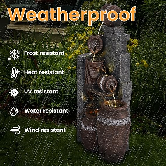 6-Tiers Garden Waterfall Fountain Outdoor - 40''H Water Fountains and Waterfalls, Large Outdoor/Indoor Floor Standing Resin Water Fountain with LED Light for Patio, Garden and Home (Grey)