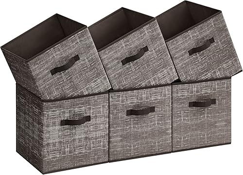 Miniatura 85 de SONGMICS - Cubos de almacenamiento, cubos plegables de 13 pulgadas, con asas dobles, juego de 6, organizadores de armario para estantes, color gris