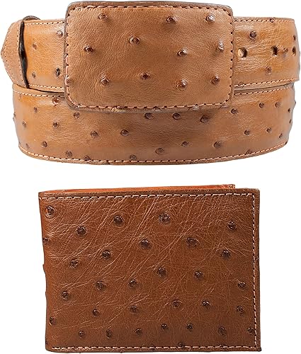 Paquete Exótico Cuero Genuino Avestruz Cinturón y Cartera Color Coñac