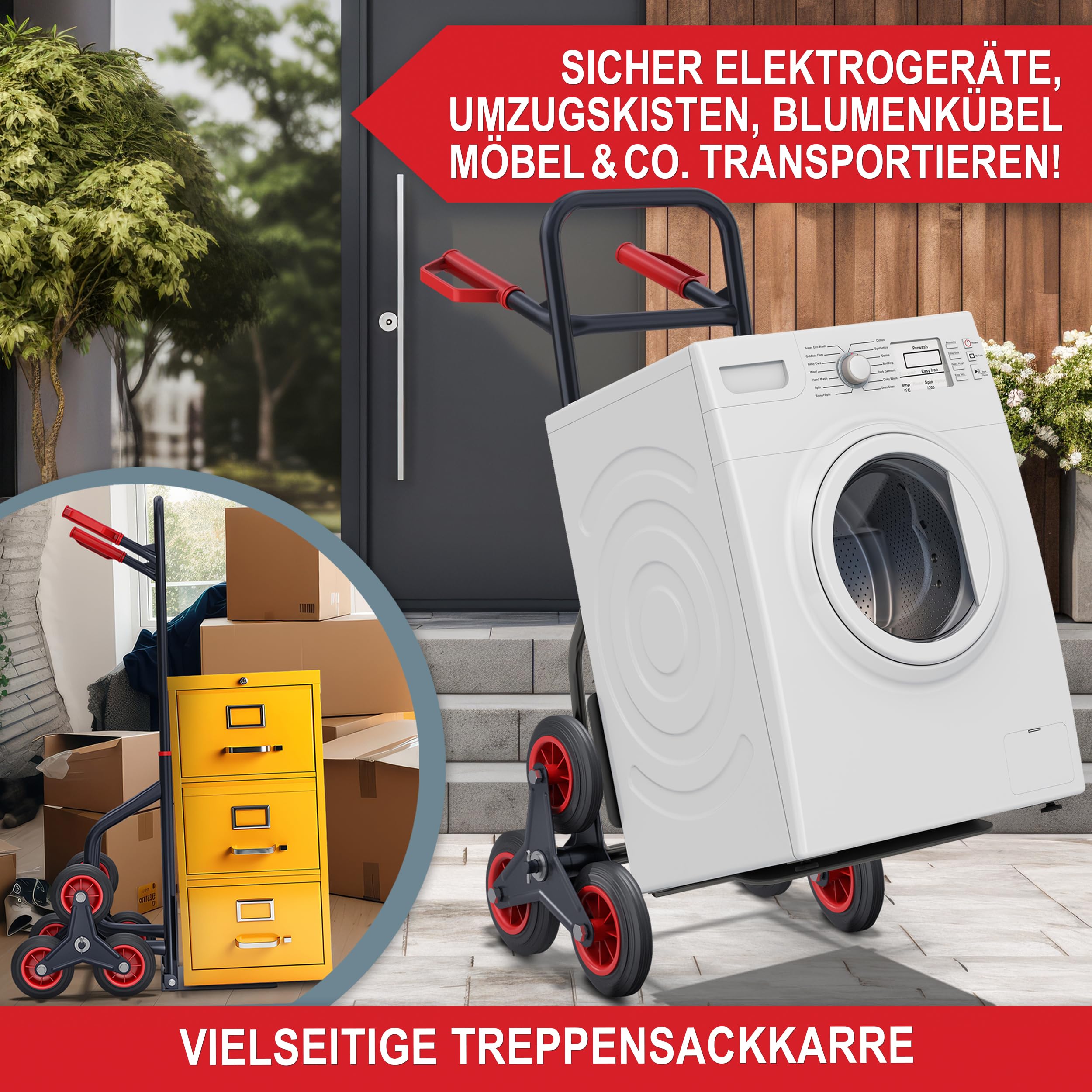 ONBEST Treppensackkarre klappbar 150 kg 3-Fach Reifen | Sackkarre und Treppensteiger mit Stahlrahmen, XL-Schaufel, Hartgummi-Reifen und Handgriffen
