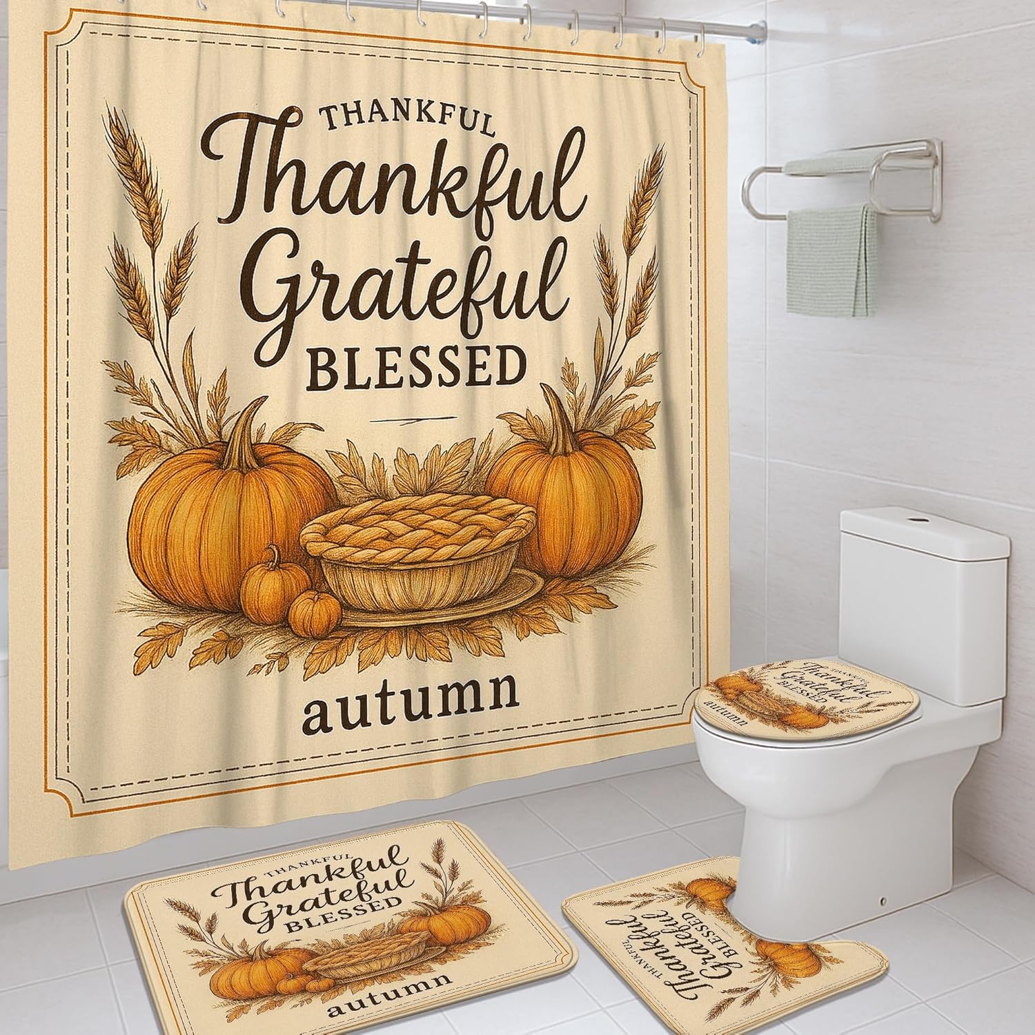 4Pcs Autumn Shower Curtain Set, Beige Pumpkin Harvest Bath Mat Rugs Accessories for Bathroom Decor, Fall Modern Waterproof Fabric Shower Curtain Set with Hooks 72x72 Inch