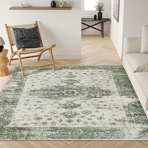 Valenrug Washable Rug 8x10 - Ultra Thin Green Collection Area Rug, Stain Resistant Non-Skid Rugs for Living Room, Antique Bedroom Rugs(8'x10', TPR35-Green)