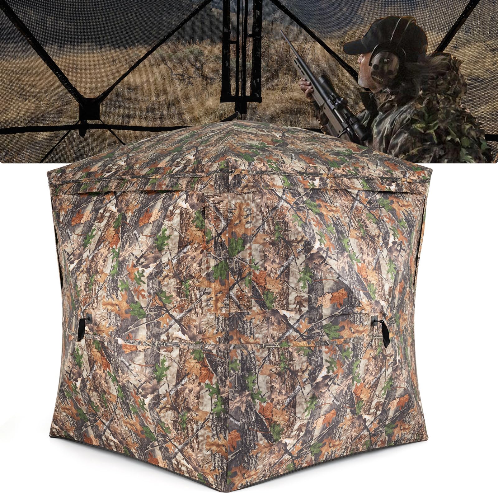 COSTWAY Persiana de Caza Portátil, Puesto de Caza para 2-3 Personas, 270°, Puerta Magnética Silenciosa, Bolsa de Transporte, Ciervos y Pavos, Camuflaje