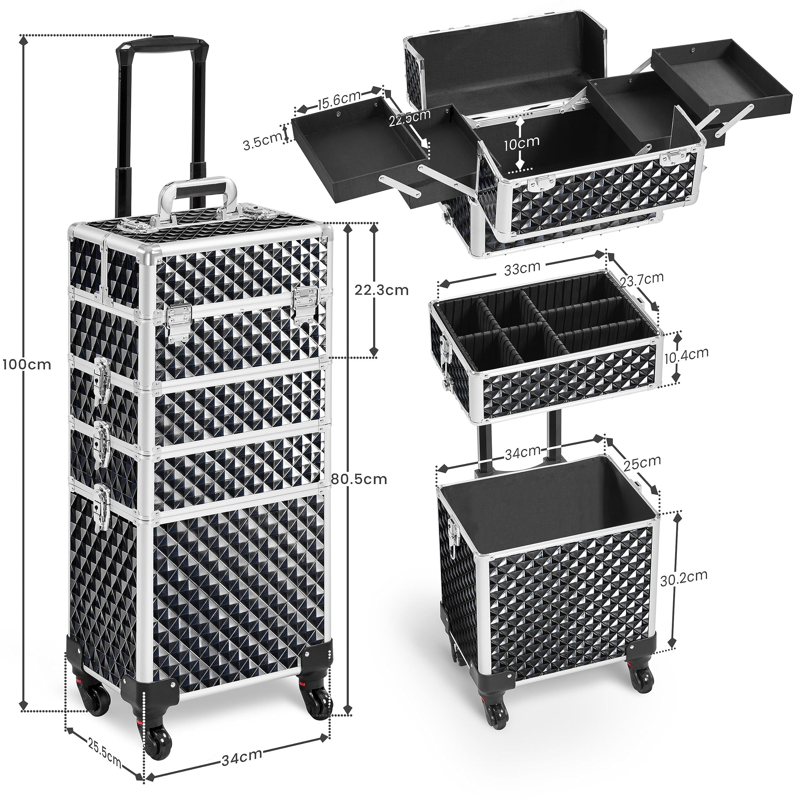 Yaheetech 4-in-1 Kosmetikkoffer, Trolley Schminkkoffer, Großer Make up Koffer, Abschließbar Multikoffer Friseurkoffer Beauty Case mit Rollen und Schublade, Glitzer Schwarz
