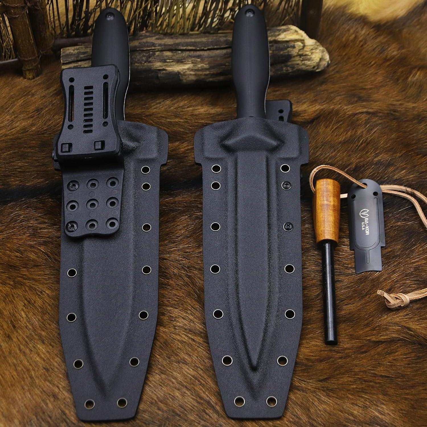 BA-KOR 5MM Full Tang Survival Knife (9CR18MOV) steel G10 handle+K sheath and 5.9-inch cerium fire starter can be used for outdoor hunting, camping, barbecue, fishing, kitchen cutting, EDC tools, gifts