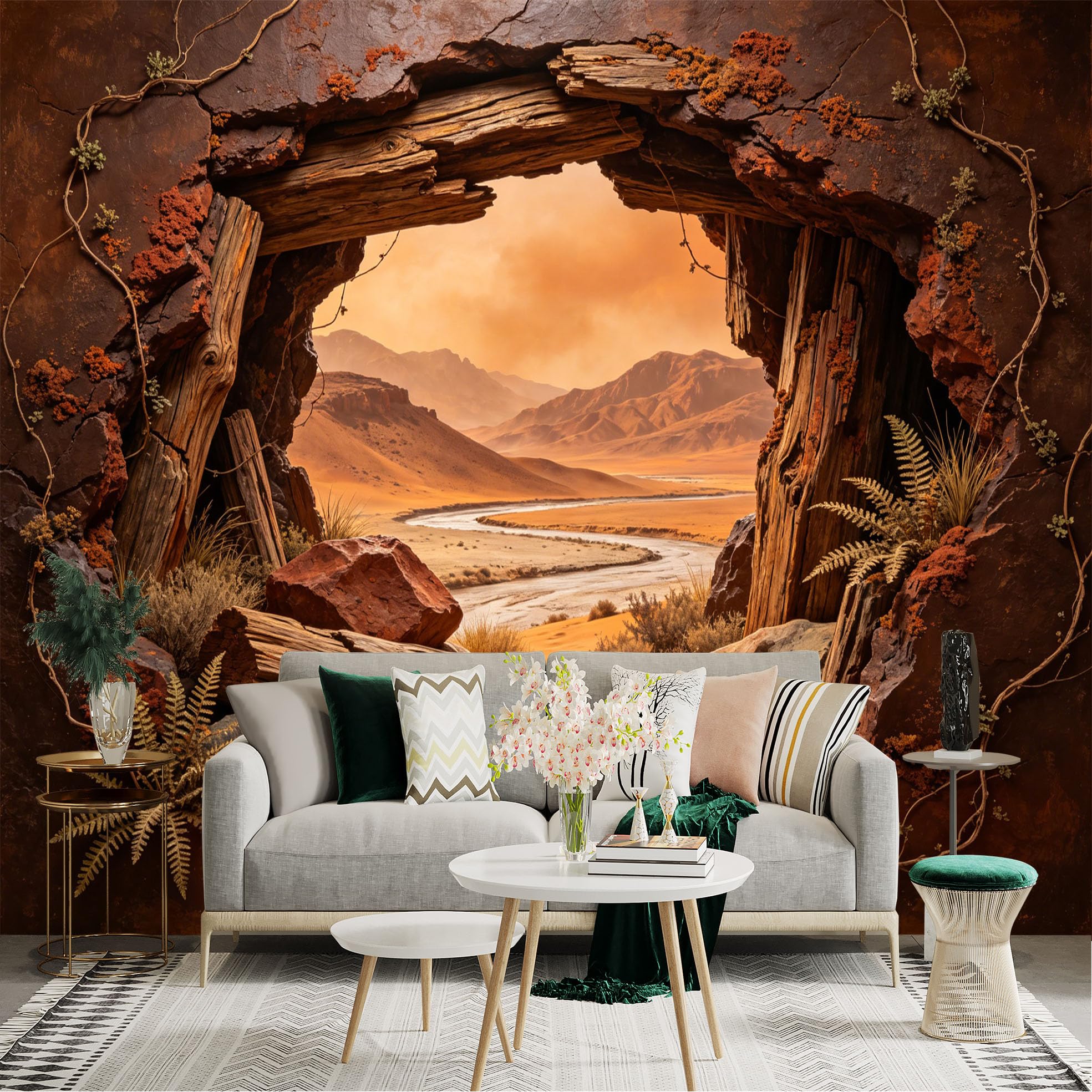 Custom Size Wall Sticker Mural， Desert Canyon View with River， Rocks and Ferns， for wall Decoration， peelandstick wall Decals.