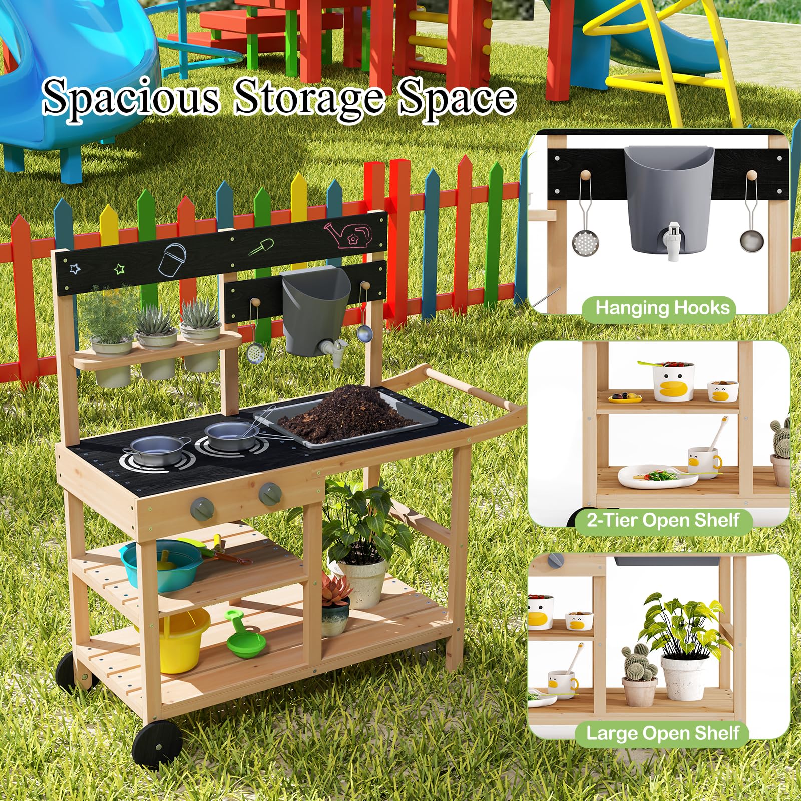 HOMASIS Matschküche Kinder Outdoor, Kinderküche mit Wassertank Spülen Herd Kreidertafel & Pflanztöpfen, Holz Gartenküche mit 10 Zubehör & Rollen, Spielküche mit Haken & Regalen, für Kinder ab 3 Jahren
