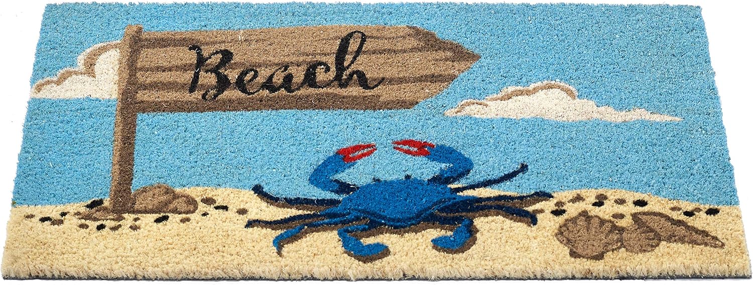 HF by LT Beach Sign Crab 100% Coir Doormat, 18 x 30 inches, Naturally Durable, PVC-Backing, Sustainable